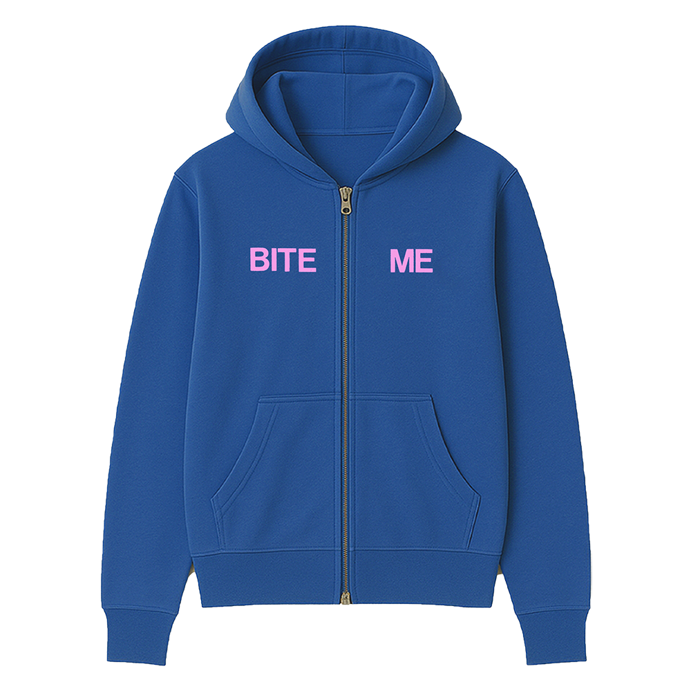 BLUE BITE ME ZIP HOODIE Front